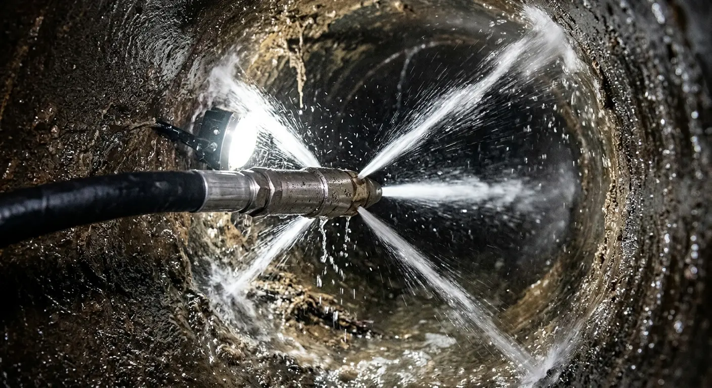 High-pressure hydro jetting nozzle cleaning sewer pipe for Sewer Cleanout in Forest Park