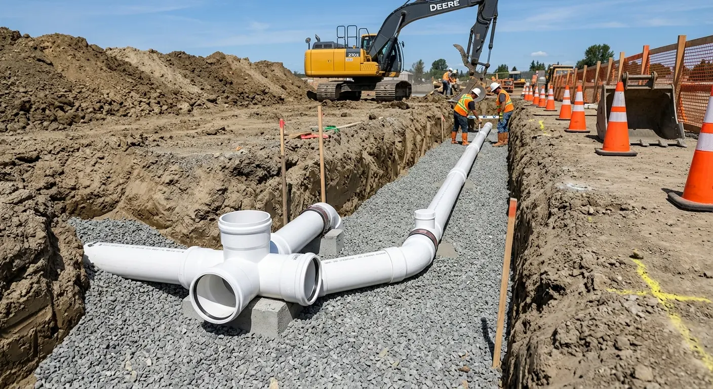 New PVC sewer pipe installation in open trench for Commercial Drain Cleaning in Forest Park