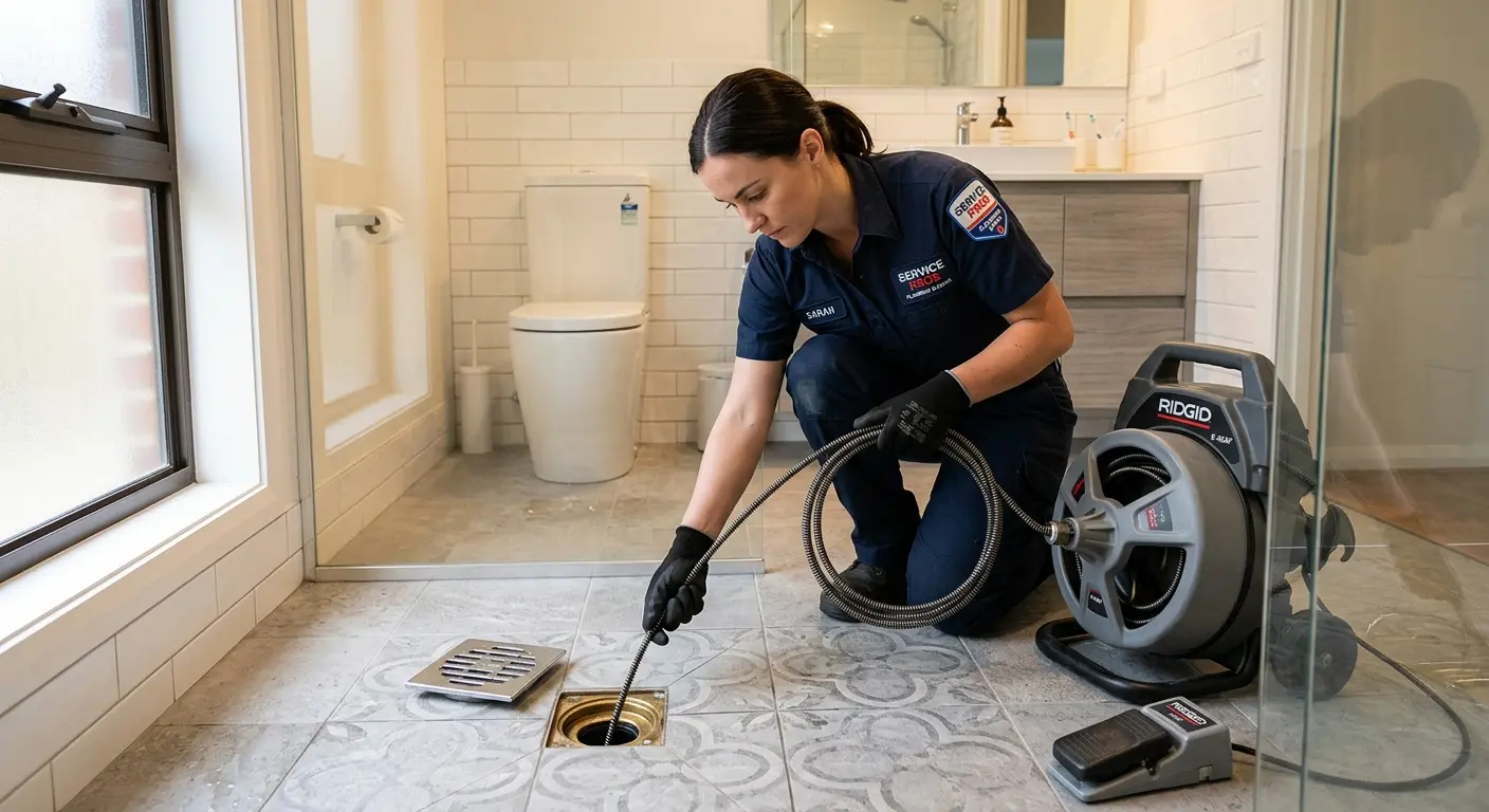 Technician clearing a bathroom floor drain for Sewer Line Replacement in Forest Park
